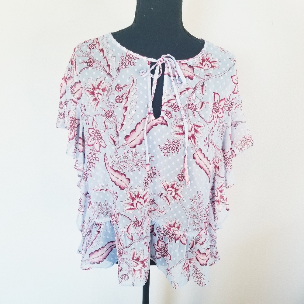 Belle & Sky Sheer Ruffle Blouse Dotted Swiss Polyester Floral Blue Pink L
